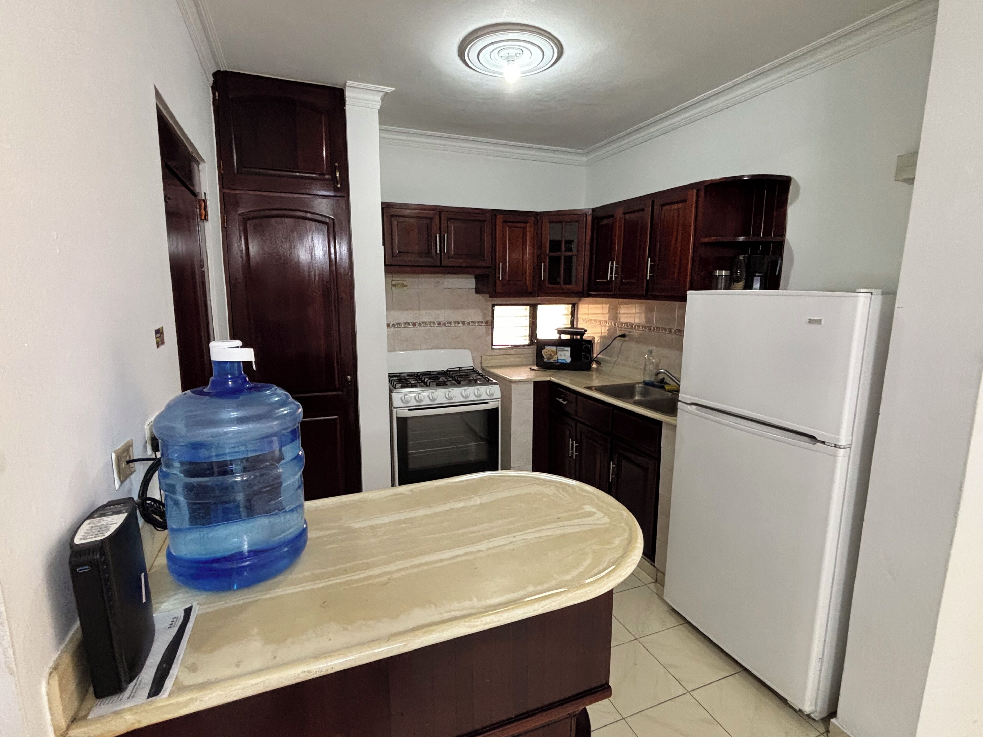 A compact kitchen with dark wooden cabinets, a white refrigerator, a stove, and a sink.