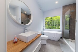 Shower, hair dryer, towels, toilet paper - Quiet, modern chalet, close to ski/bike trails, pets welcome (Petite-Rivière-Saint-François)