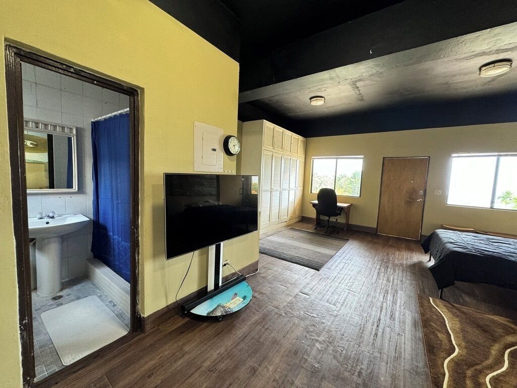 A room with a wooden floor, a bed, a TV, a sink, and a window.