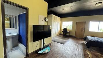 A room with a wooden floor, a bed, a TV, a sink, and a window.