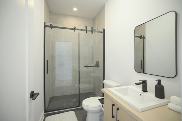 A modern bathroom with a glass-enclosed shower, a toilet, a sink with a mirror, and a soap dispenser.