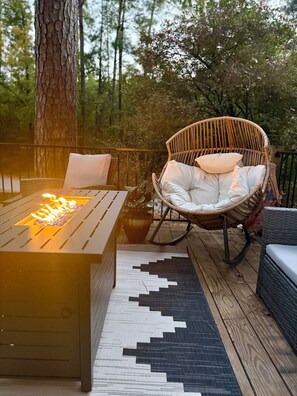 Terrace/patio - Curated 1-bedroom bungalow near Lake Darbonne with cozy porch fire pit! (Farmerville)