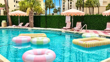 Outdoor pool, open 9:00 AM to 9:00 PM, pool umbrellas, sun loungers