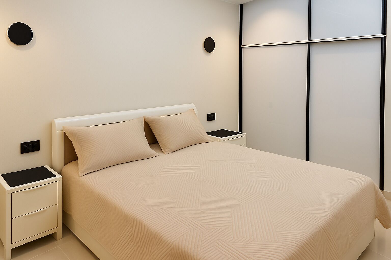 Ein Schlafzimmer mit Bett, Nachttischen, einer Wandbedieneinheit und einem Kleiderschrank.