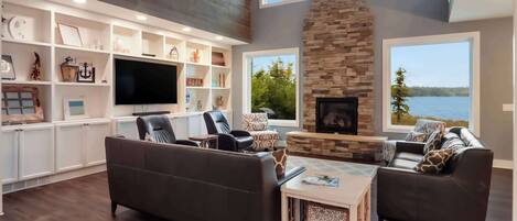 Una televisión, una chimenea, una oficina