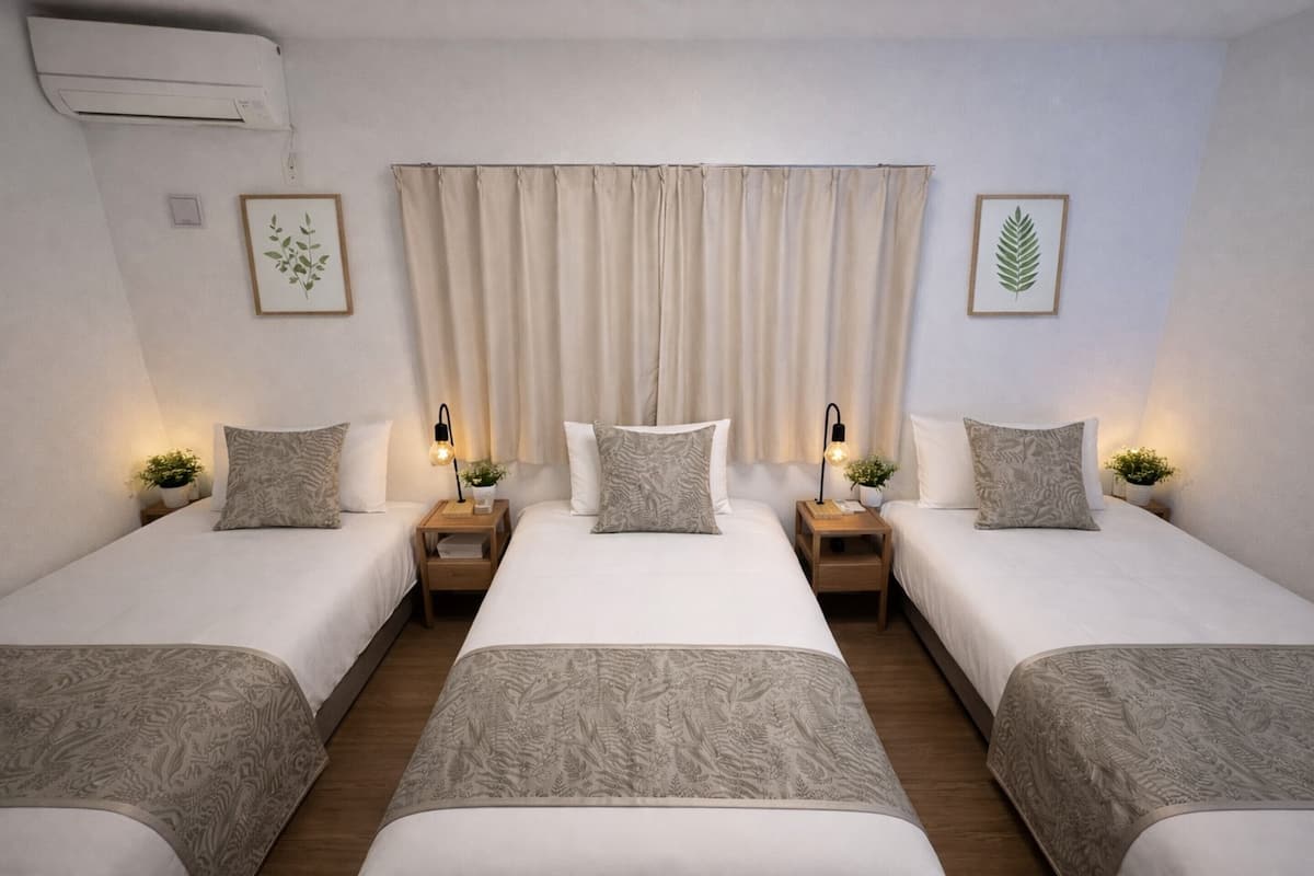 A hotel room with three single beds, a large window with beige curtains, wall-mounted air conditioning, and framed botanical artwork.