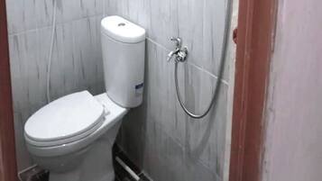 A small, compact bathroom with a toilet, a shower, and a wall-mounted toilet paper holder.