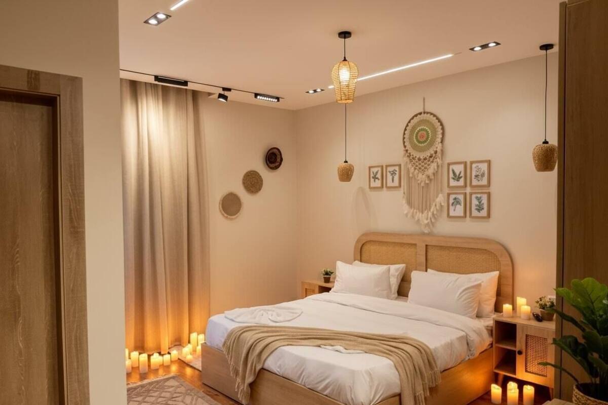 Un dormitorio con una cama de madera, ropa de cama blanca, un atrapasueños e iluminación en la pared.