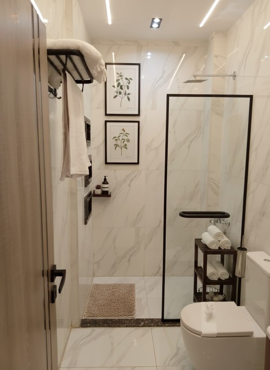 Un baño moderno con cabina de ducha de vidrio, inodoro y un estante pequeño con toallas.