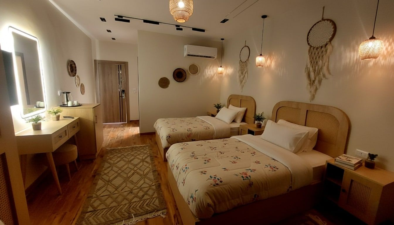 A bedroom with two beds, a desk, and a mirror. There are wall decorations and a dreamcatcher.