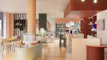 Ein modernes Interieur mit einer Rezeption, einer Sitzecke und dekorativen Elementen.