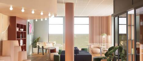 A modern interior with a large window, a central column, and a seating area with a sofa and a table.