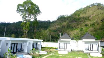 A modern villa with a pool, two guest rooms, and a well-maintained garden.
