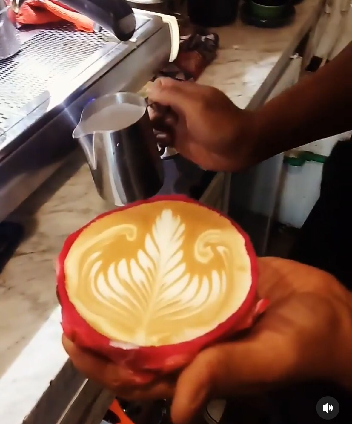 Uma pessoa segurando uma xícara com arte de latte.