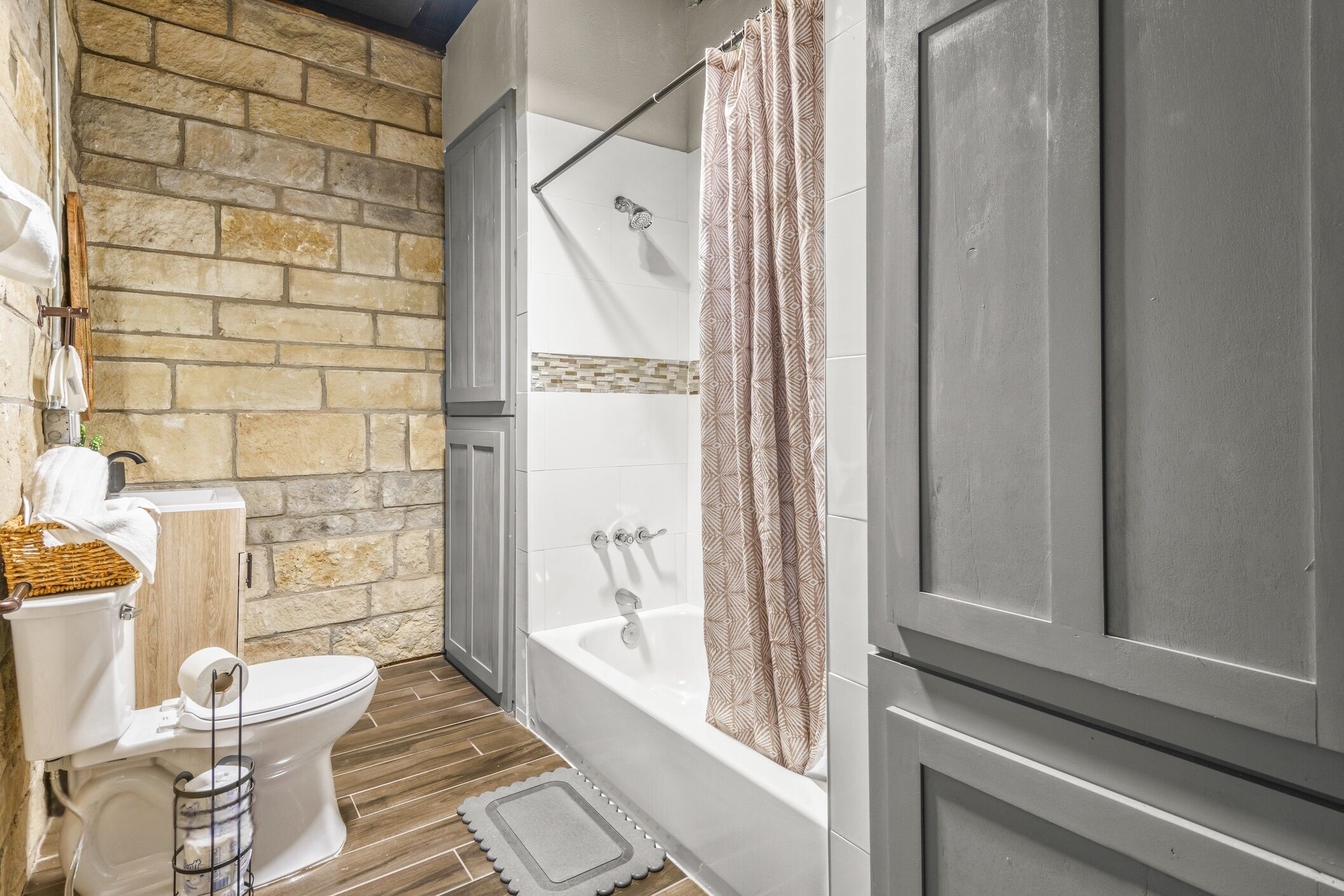 Hair dryer, towels, soap, toilet paper