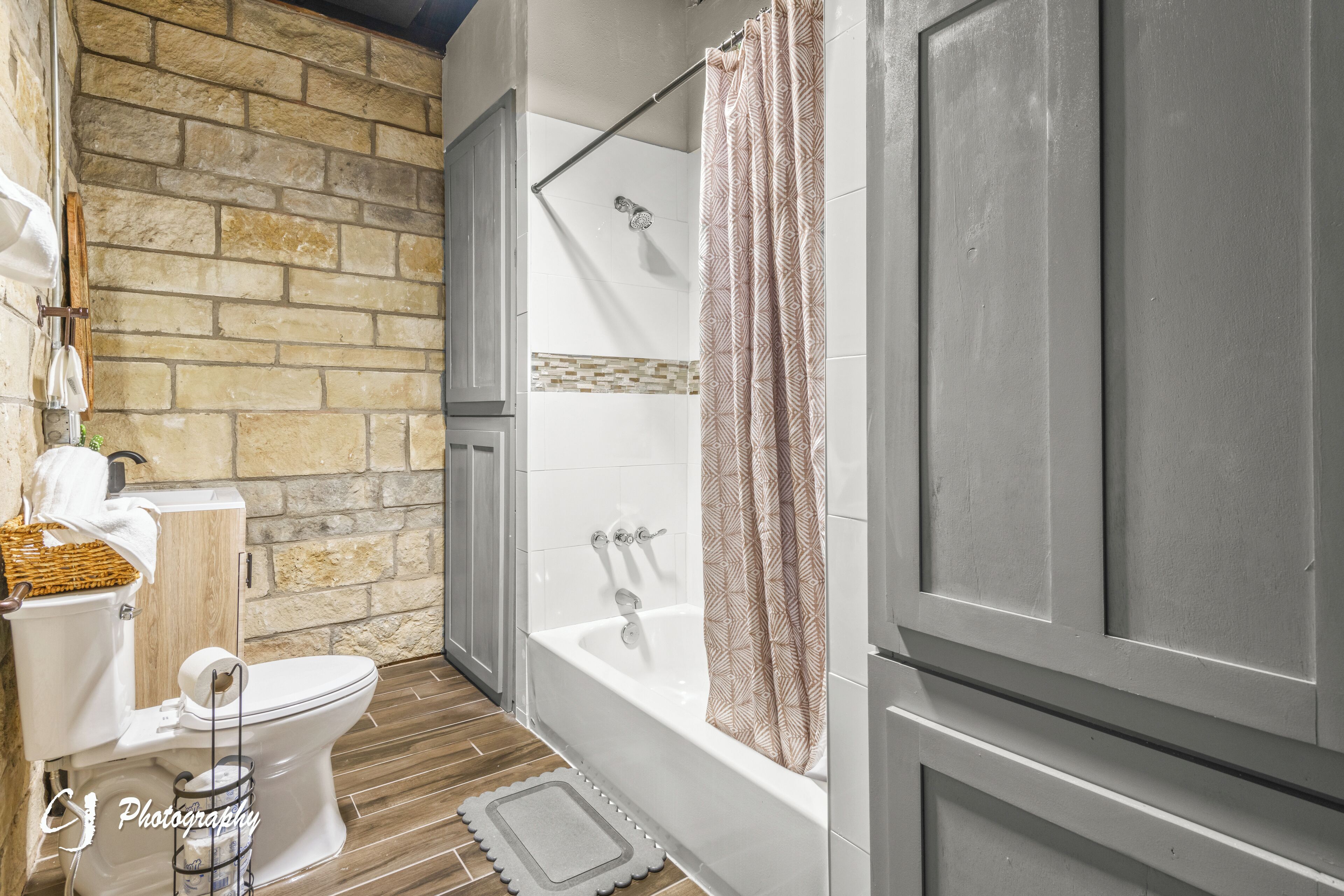 Hair dryer, towels, soap, toilet paper