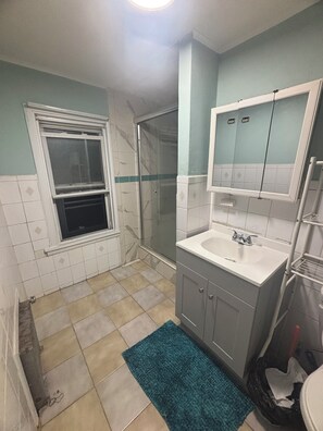A bathroom with a shower, a sink, a mirror, and a window.