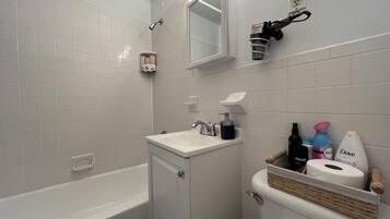 Hair dryer, towels, soap, toilet paper