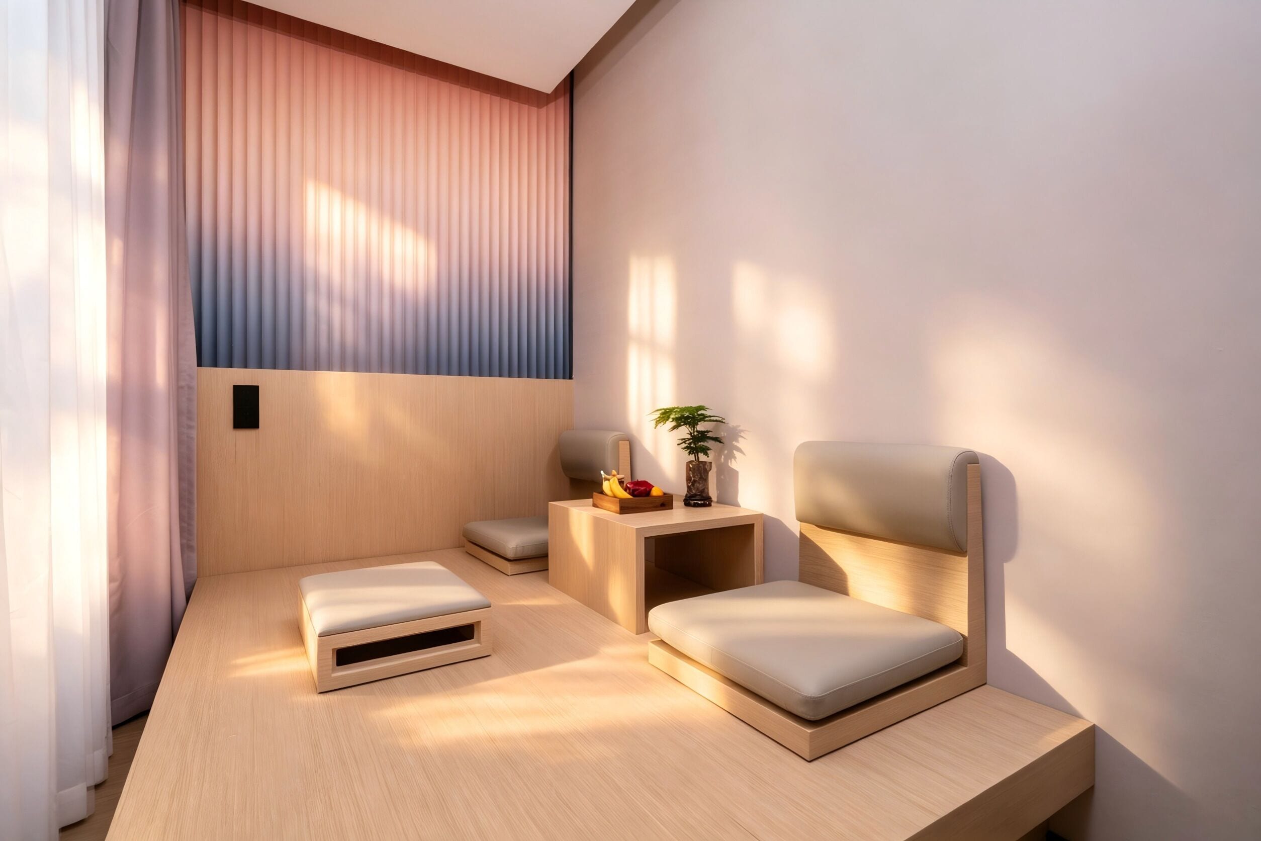 A modern room with a wooden desk, two cushioned chairs, a small side table with a plant, and a window with vertical blinds.