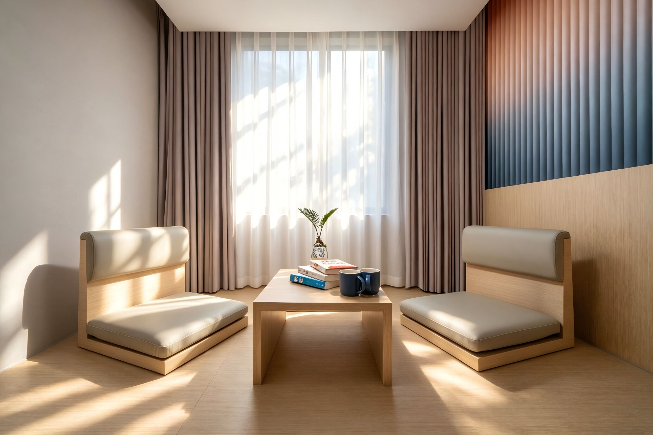 A modern room with two chairs, a small table, and a window with curtains.