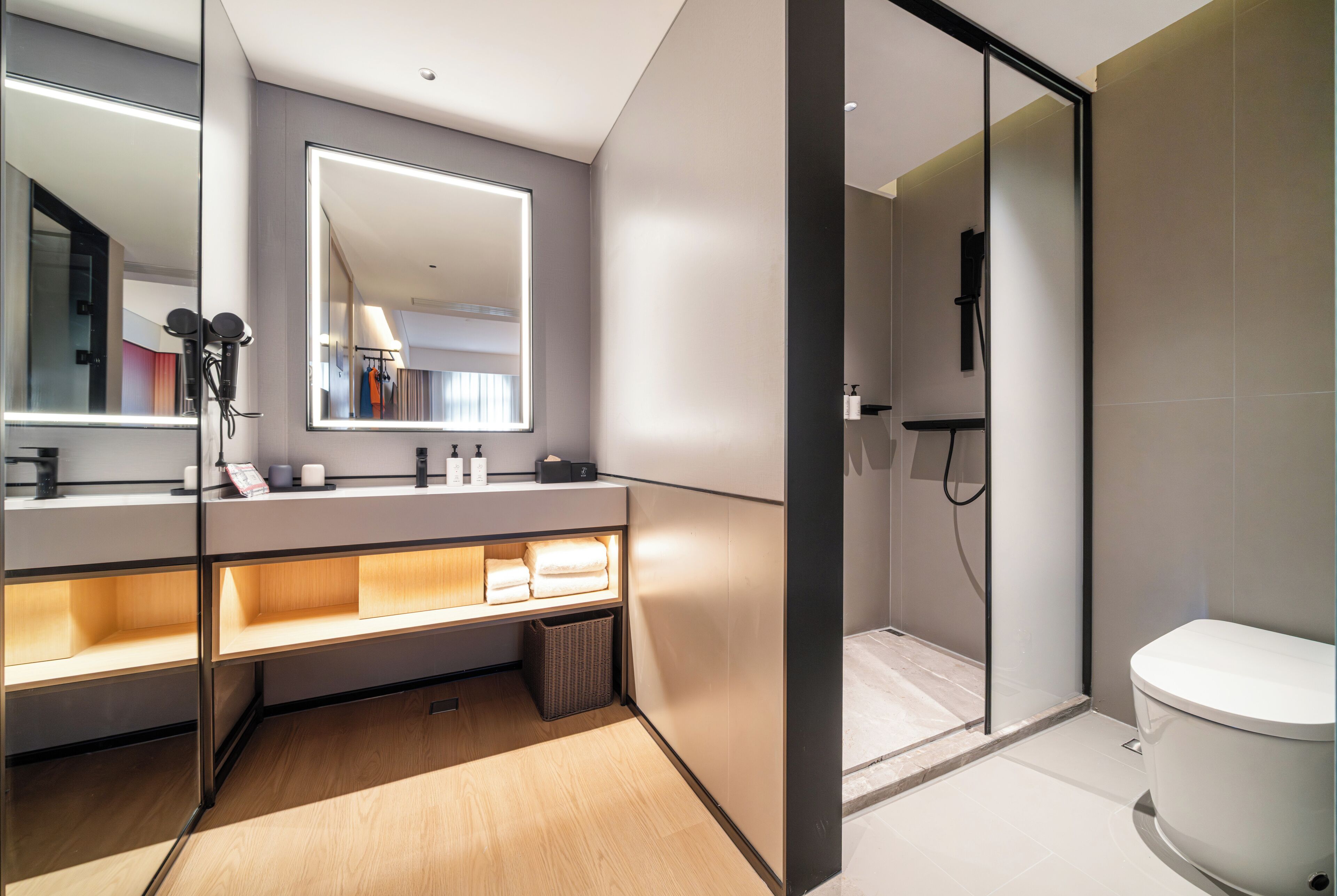 Shower, hydromassage showerhead, designer toiletries, hair dryer