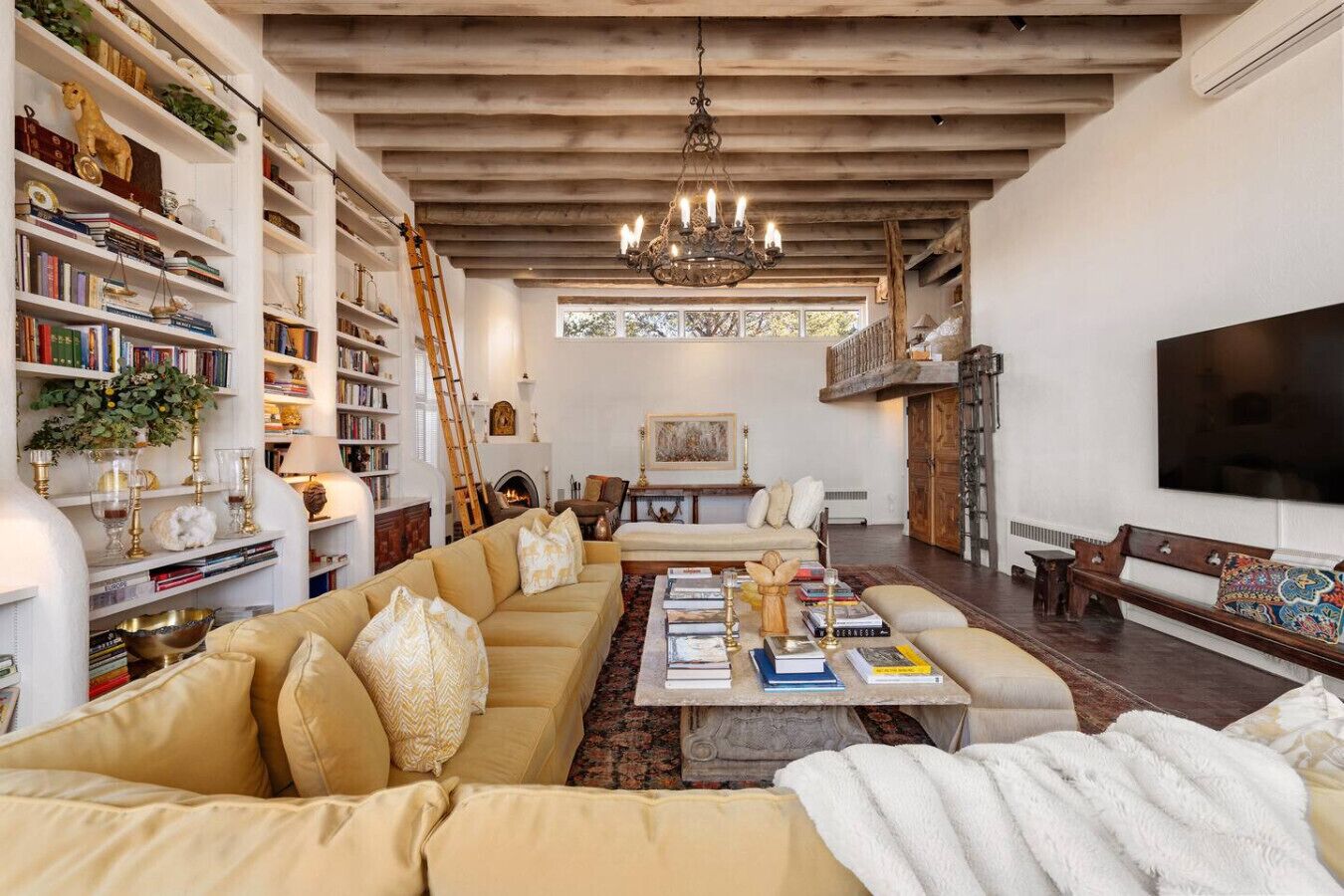 Smart TV, fireplace, books
