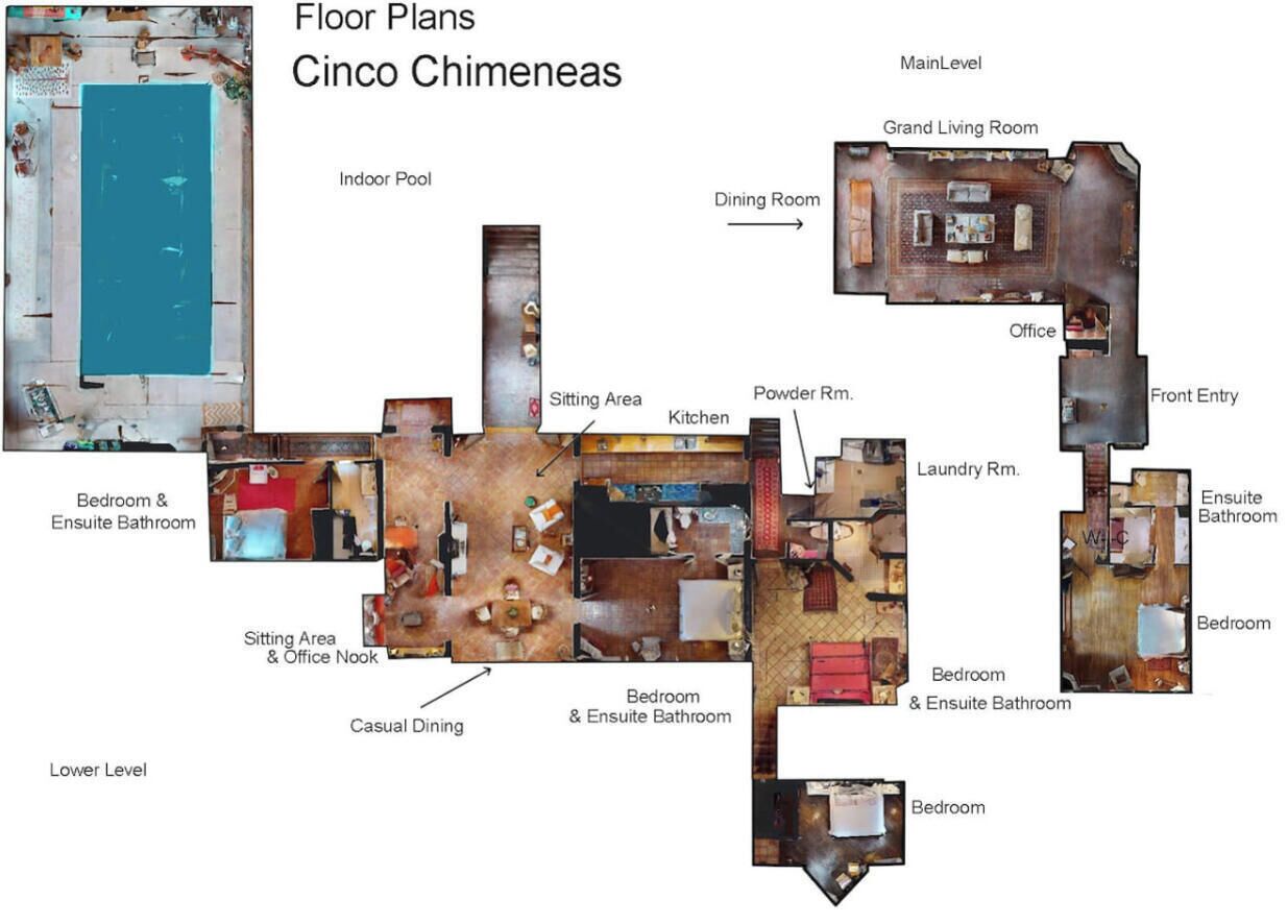 A floor plan of a property with an indoor pool, dining room, kitchen, powder room, laundry room, and multiple bedrooms.