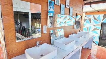 Chuveiro, toalhas de banho, papel higiênico