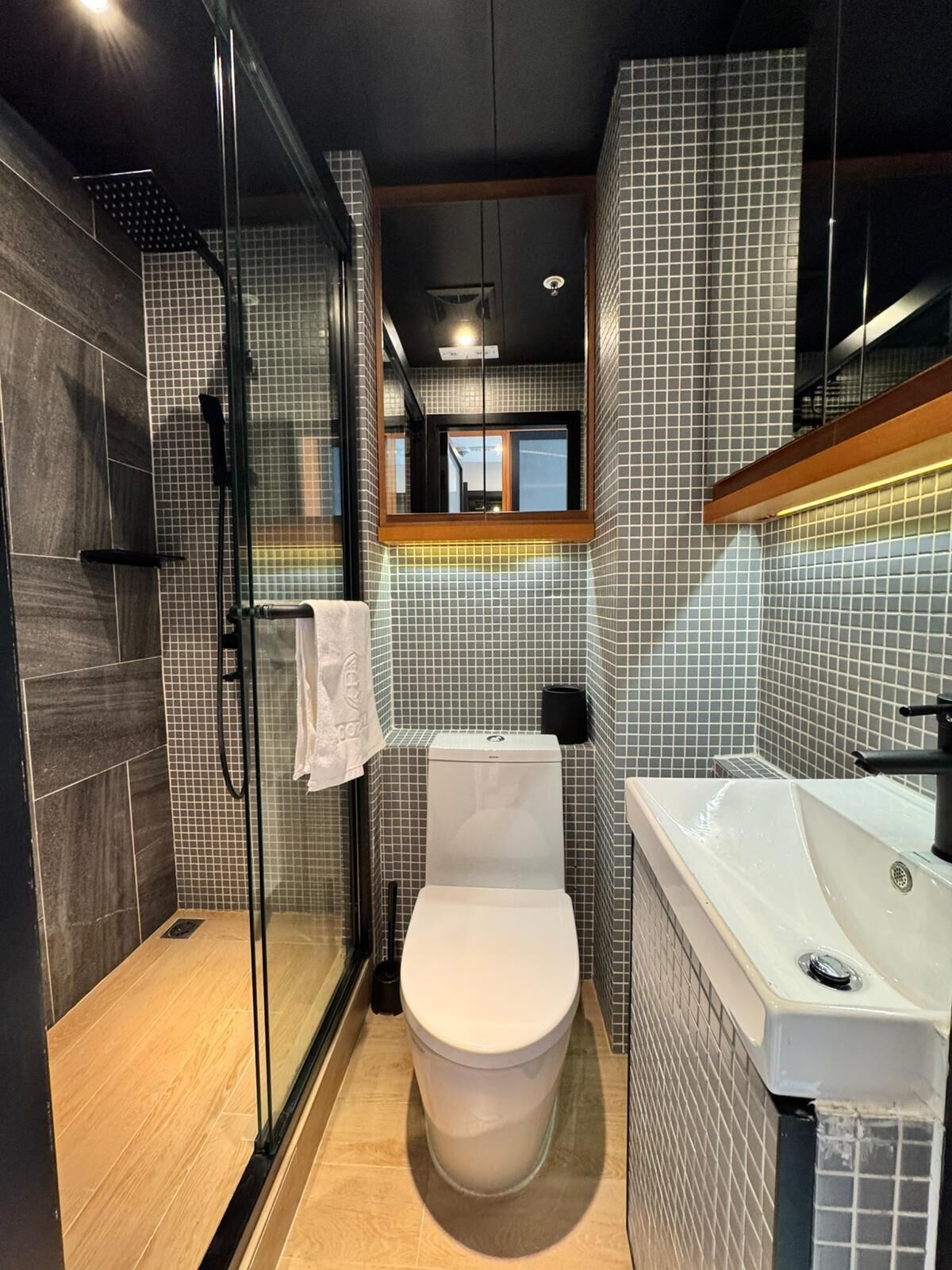 Shower, hair dryer, towels, toilet paper