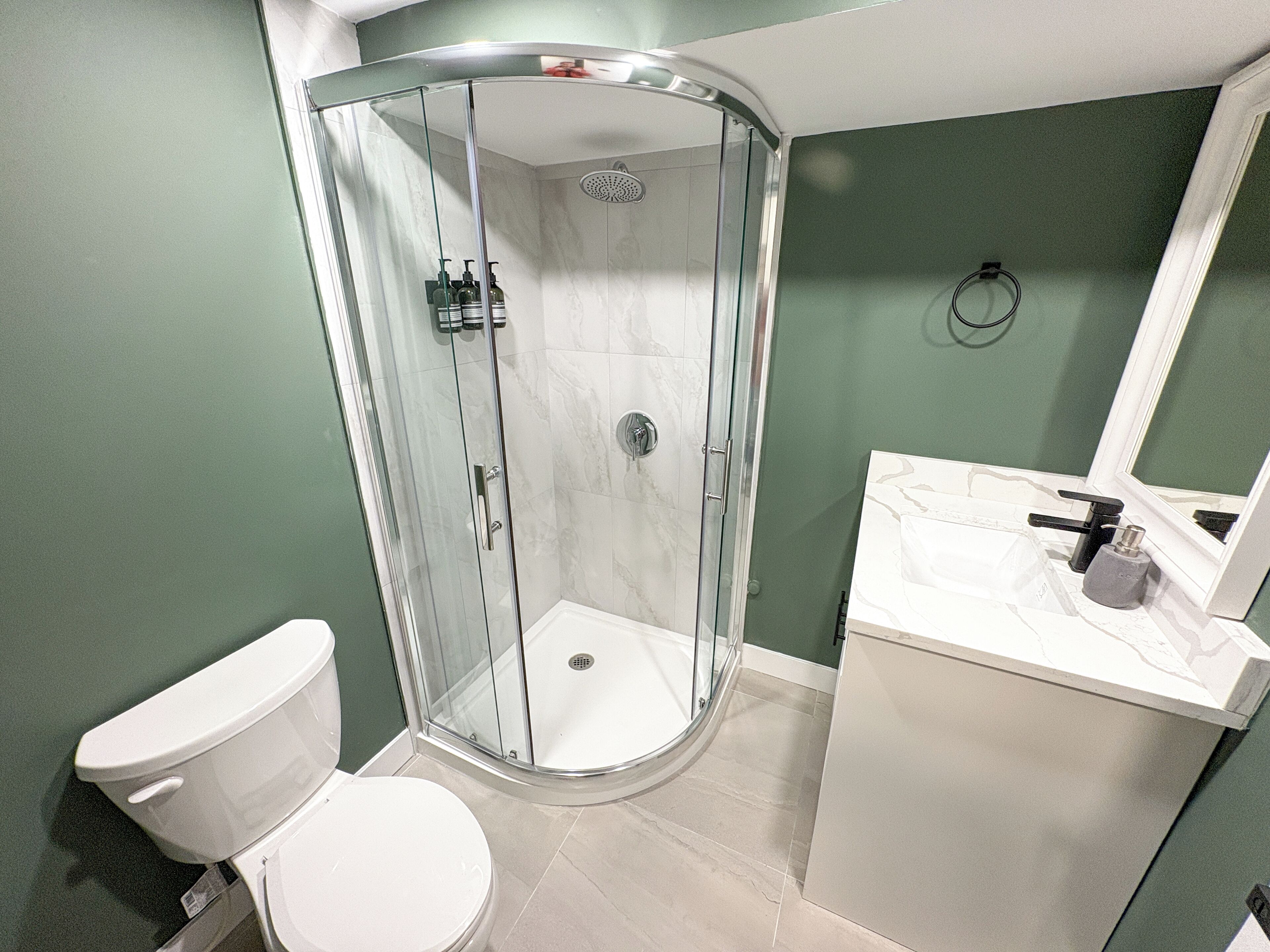 Hair dryer, towels, soap, toilet paper