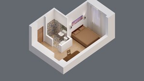 A 3D isometric view of a hotel room with a bathroom, a bed, a small table, and a chair. - Double room, small kitchen, 2 persons (Riga)