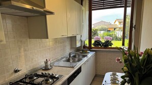 Una cucina moderna con piano cottura a gas, lavello in acciaio inossidabile e una finestra vista giardino.