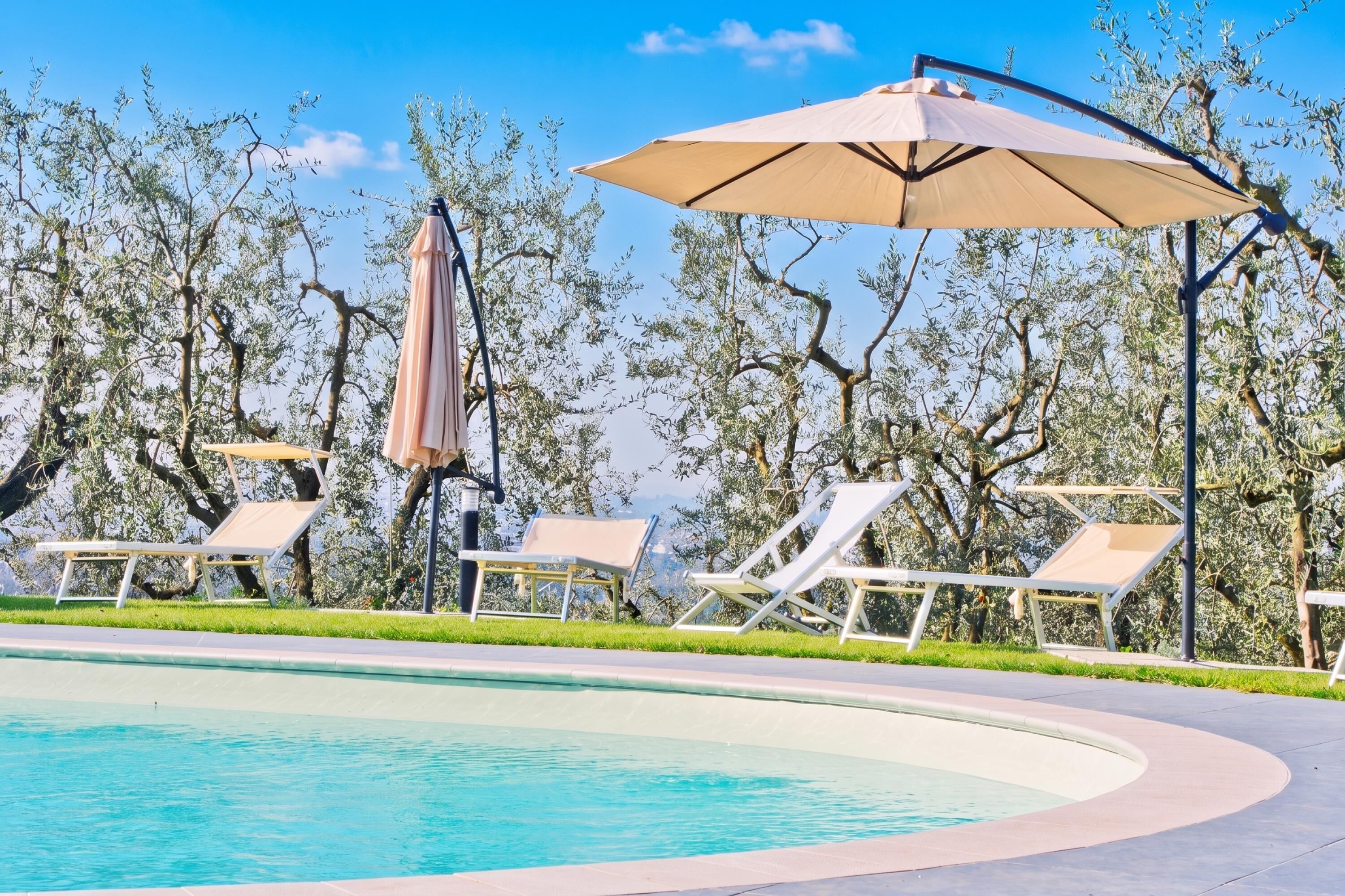 A poolside area with lounge chairs and umbrellas, surrounded by trees.