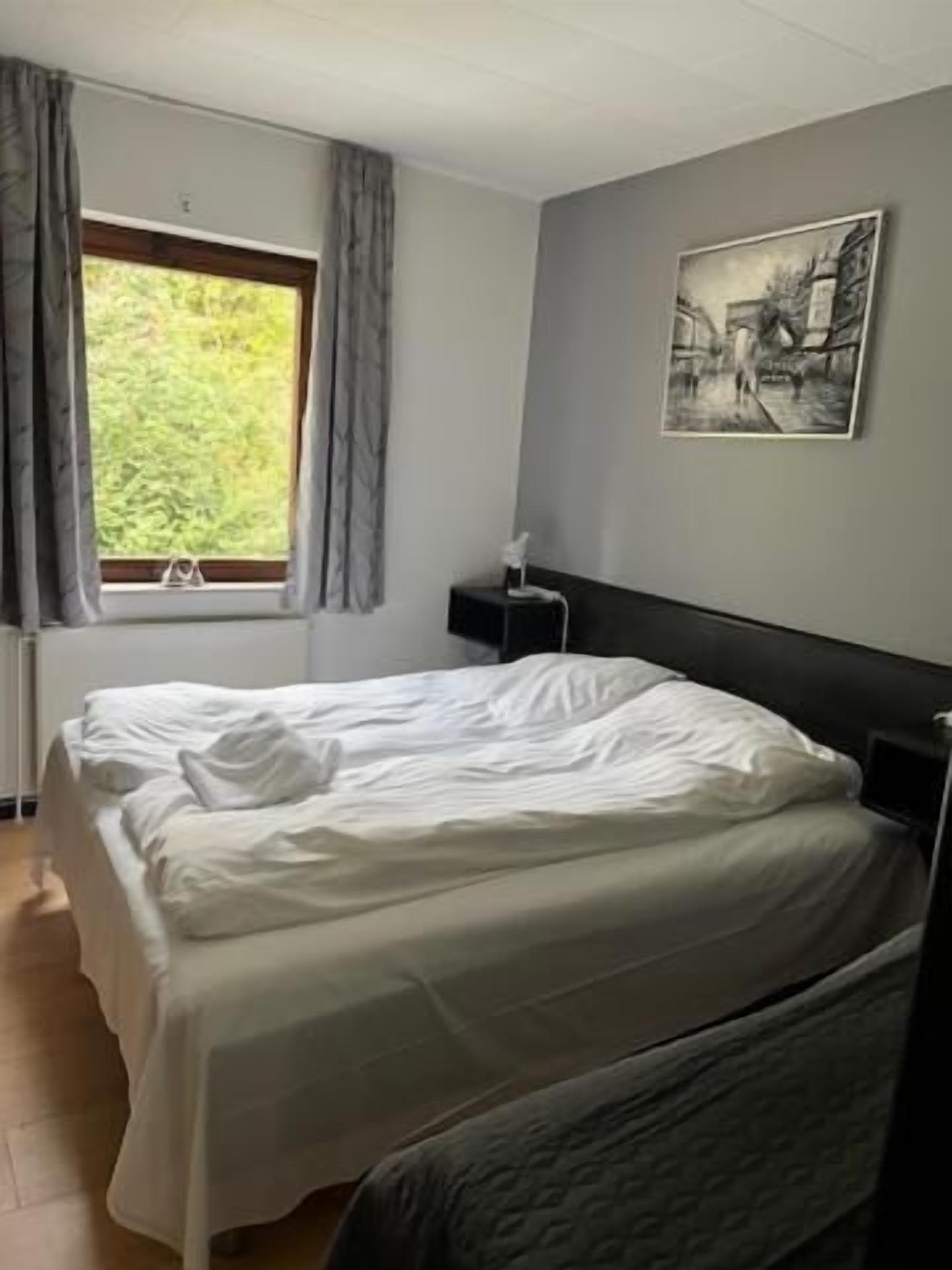 A room with two beds, a window with curtains, a radiator, and a painting on the wall.