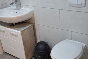 Dusche, Haartrockner, Handtücher, Toilettenpapier