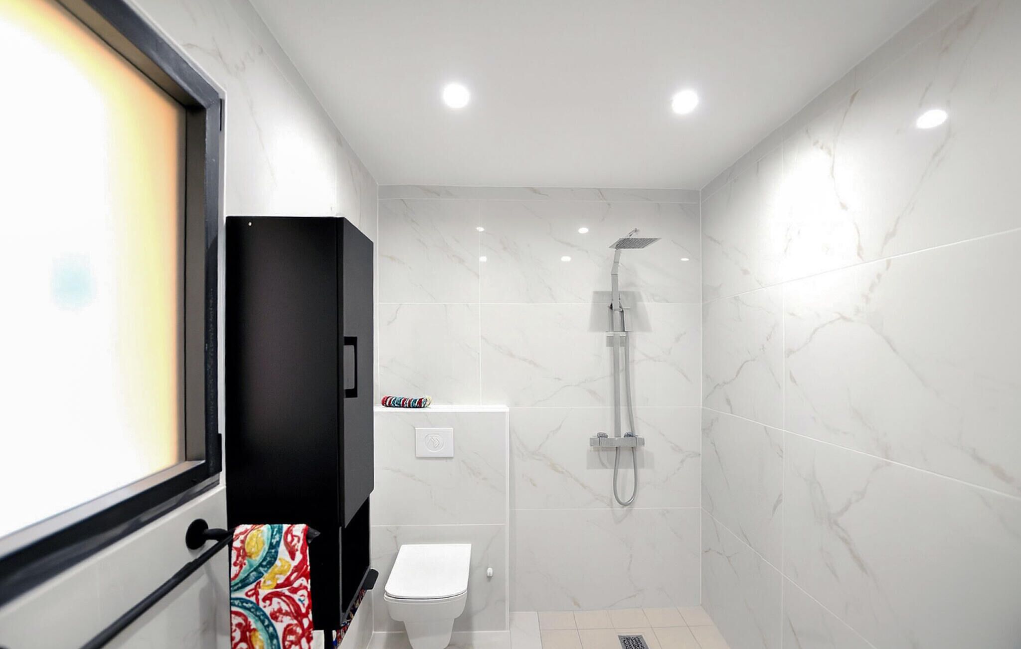 A compact bathroom with a toilet, a shower, and a black cabinet.