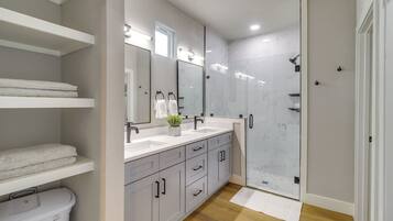 Hair dryer, towels, soap, shampoo