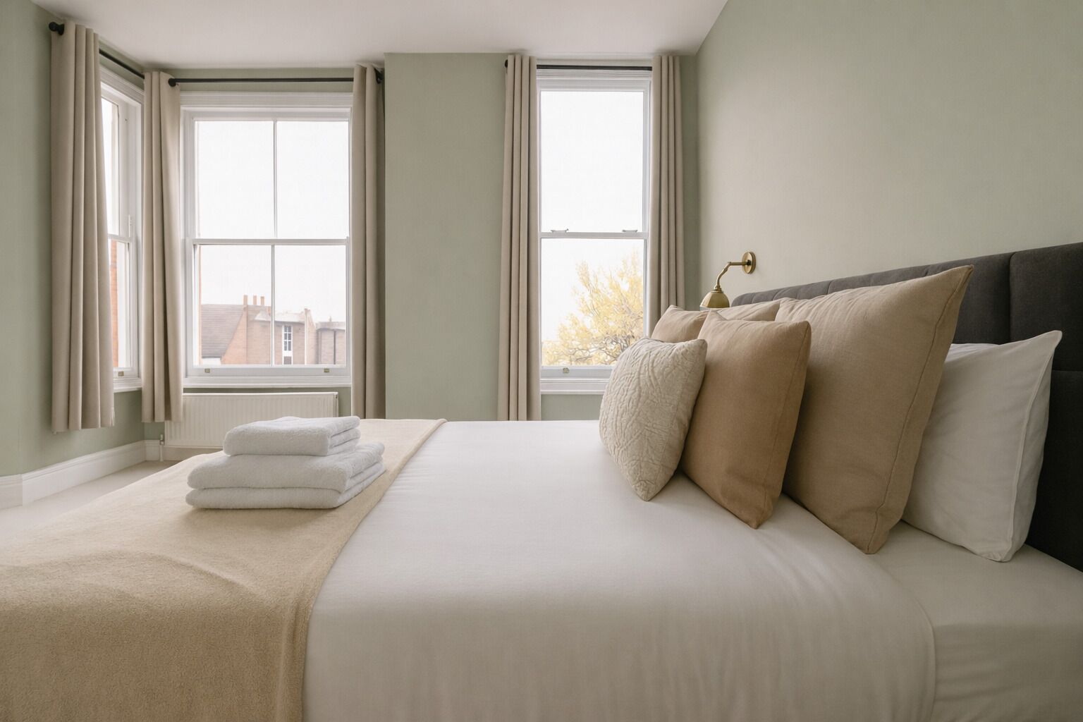 Habitación de hotel con una cama grande, dos ventanas con cortinas, un radiador y vistas a edificios.