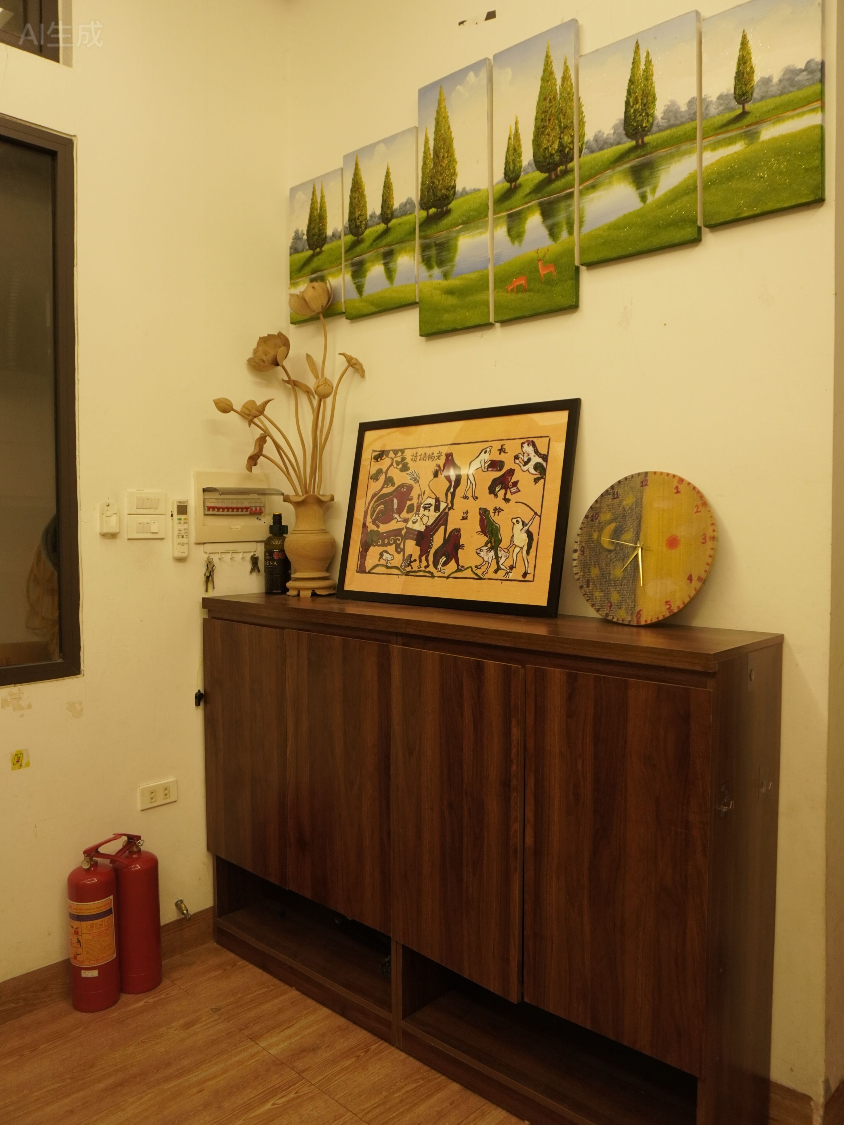 Un mueble de madera con un cuadro enmarco, un reloj y un jarrón con flores secas.