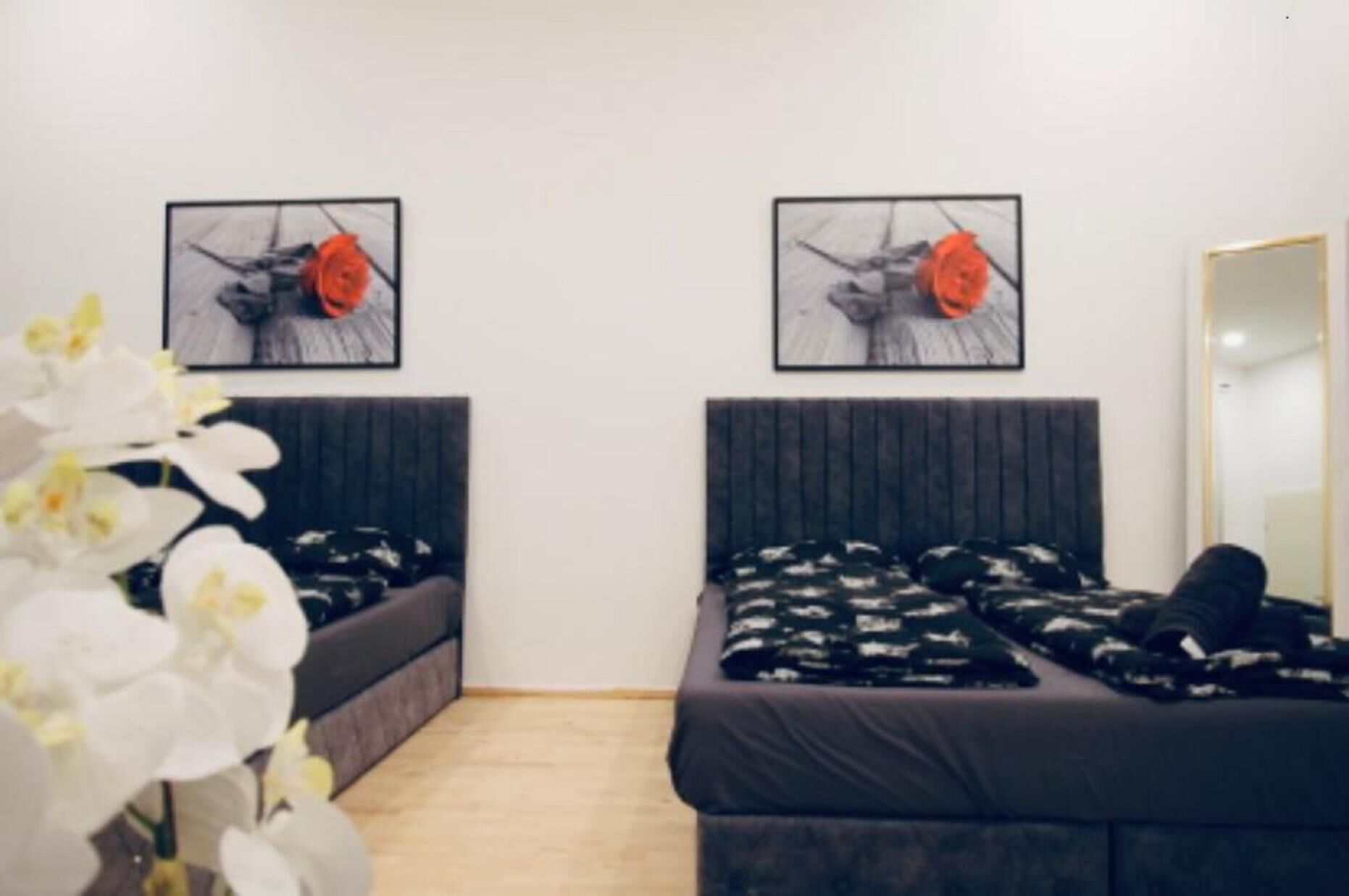 A bedroom with two beds, each with a dark headboard and a black and white patterned bedspread. There are two framed pictures on the wall above the beds, each depicting a helicopter with a red flower.