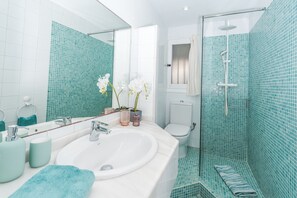 Regadera, secadora de cabello, toallas, papel de baño 