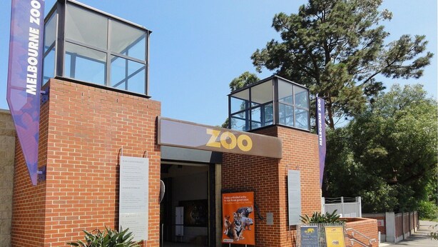 Ein Backsteinhaus mit einem großen Glas Eingang und einem Schild mit der Aufschrift 'ZOO'.