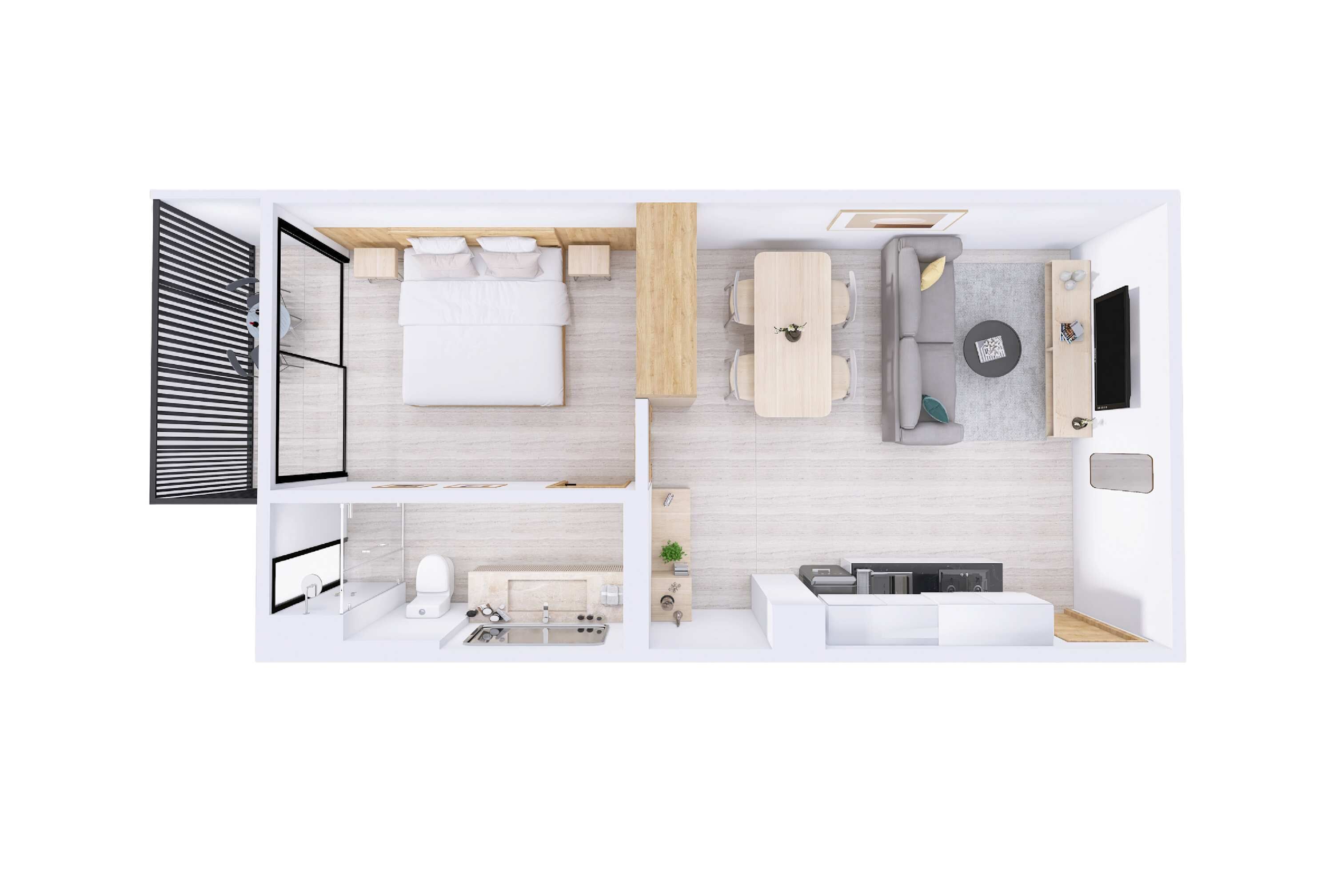 A modern hotel room layout with a bed, a desk, a sofa, a TV, and a bathroom.