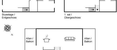 A hotel floor plan with two bedrooms, a bathroom, a kitchenette, and a balcony.