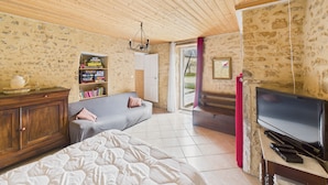 Una camera da letto con un letto, un'armadiatura in legno, una libreria, un divano grigio, una televisione e una scala che conduce a una zona esterna.