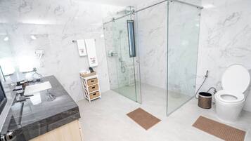 Un baño moderno con ducha envuelta en vidrio, inodoro y tocador con lavamanos.