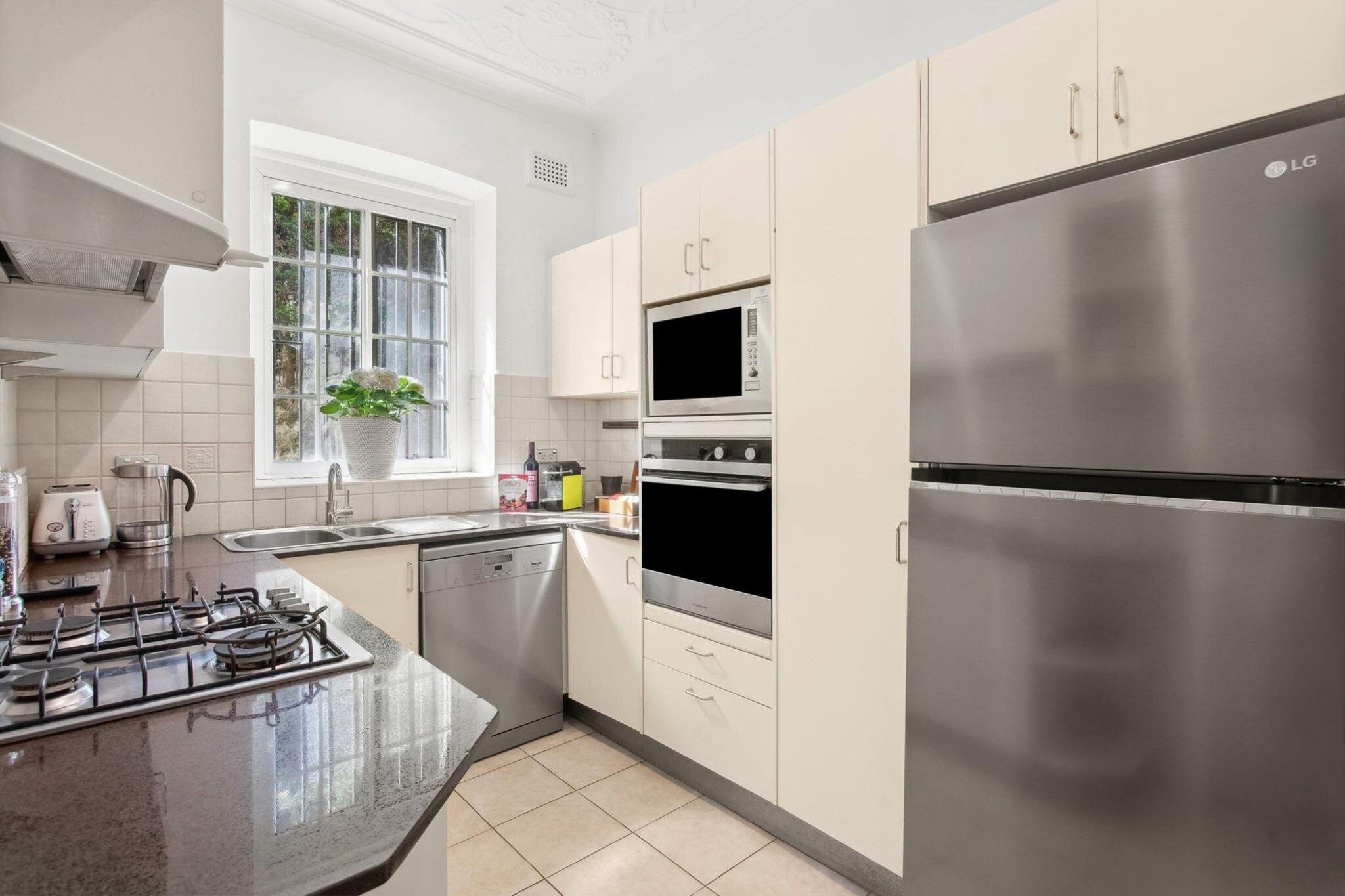 A modern kitchen with stainless steel appliances, a window, and a plant.