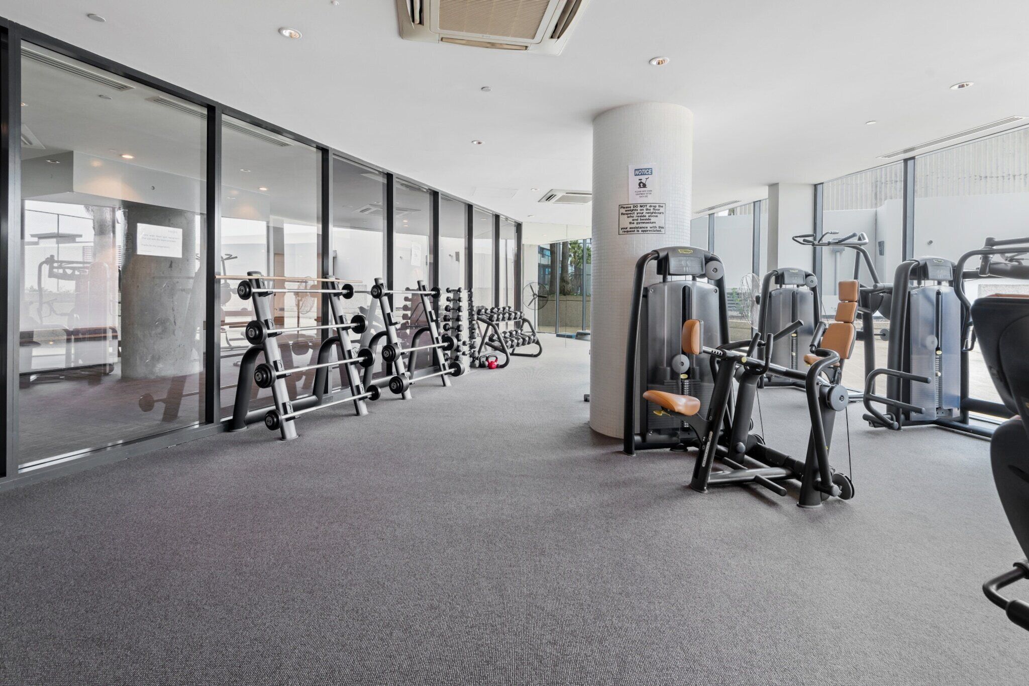 A modern gym with various exercise machines, large windows, and a clean, spacious layout.