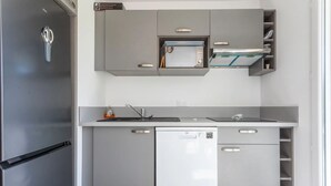 A modern kitchen with a built-in microwave, a dishwasher, and a refrigerator. - Terrace apartment Puget-sur-Argens (Puget-sur-Argens)