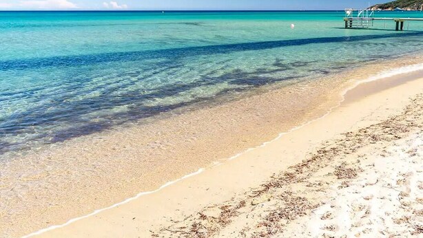 A beach with clear turquoise water, a sandy shore, and a pier extending into the sea. - Terrace apartment Puget-sur-Argens (Puget-sur-Argens)